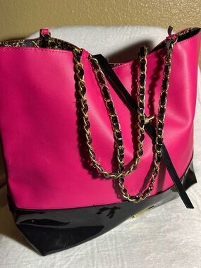 Juicy Couture Fuchsia and Black Large Tote with Gold Chain Straps